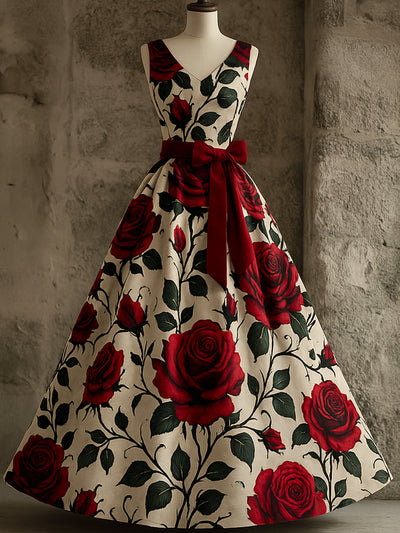 Retro Gothic Floral Art Print V-Neck Sleeveless Cotton Maxi Dress