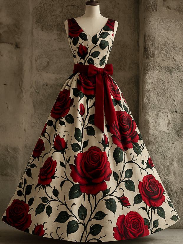 Retro Gothic Floral Art Print V-Neck Sleeveless Cotton Maxi Dress