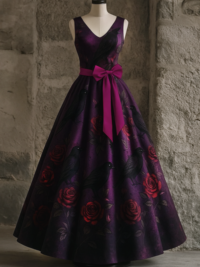 Retro Gothic Floral Art Print V-Neck Sleeveless Cotton Maxi Dress
