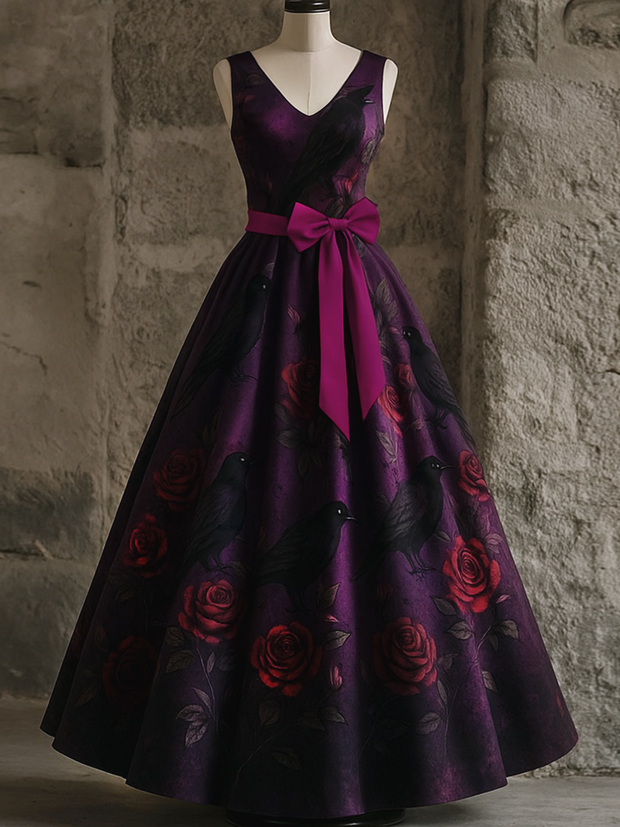 Retro Gothic Floral Art Print V-Neck Sleeveless Cotton Maxi Dress