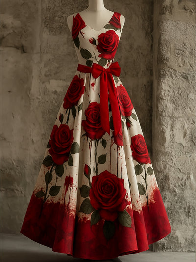 Retro Gothic Floral Art Print V-Neck Sleeveless Cotton Maxi Dress