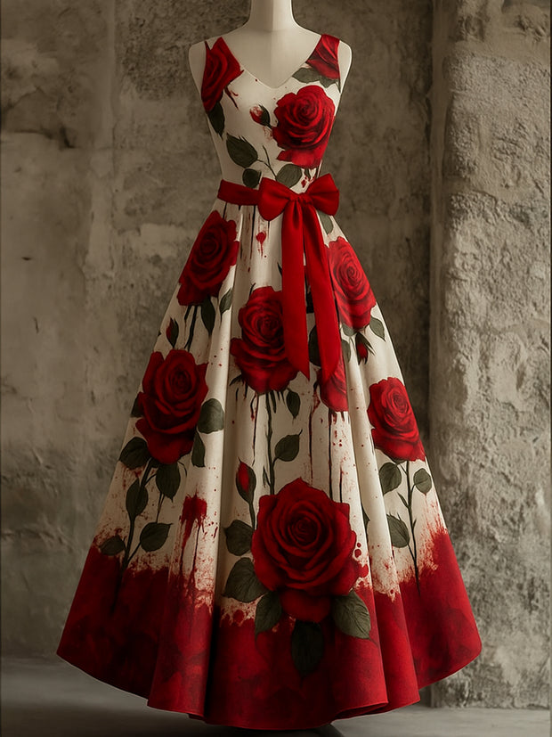 Retro Gothic Floral Art Print V-Neck Sleeveless Cotton Maxi Dress