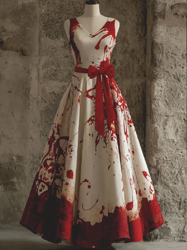 Retro Gothic Floral Art Print V-Neck Sleeveless Cotton Maxi Dress