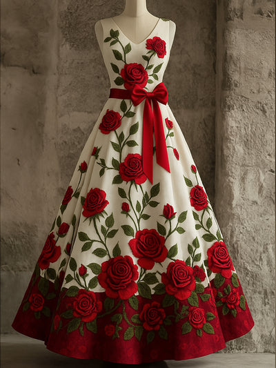 Retro Gothic Floral Art Print V-Neck Sleeveless Cotton Maxi Dress