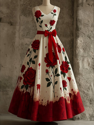 Retro Gothic Floral Art Print V-Neck Sleeveless Cotton Maxi Dress