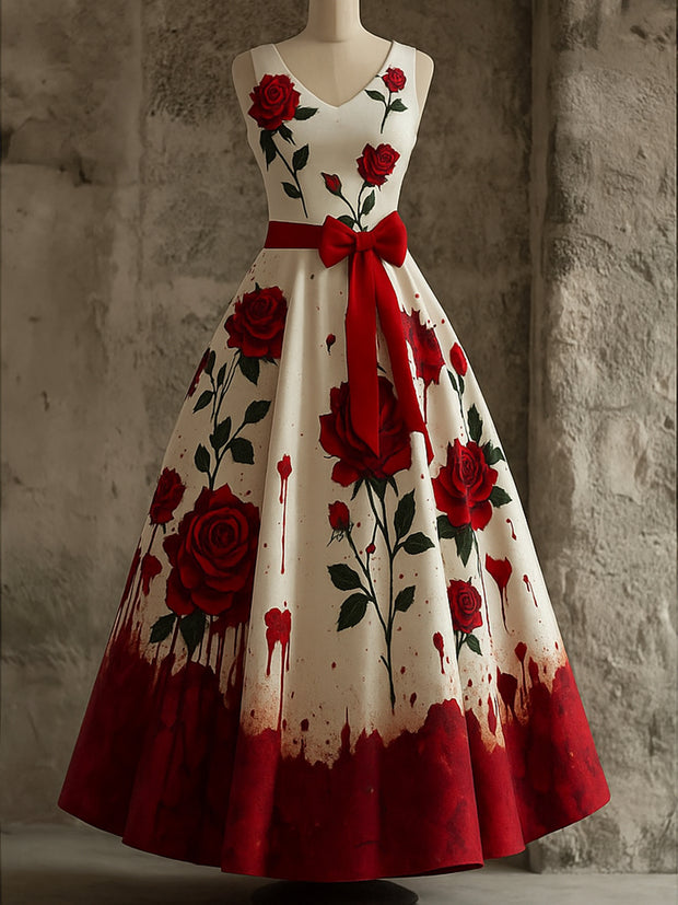 Retro Gothic Floral Art Print V-Neck Sleeveless Cotton Maxi Dress