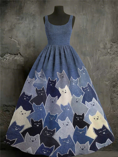 Cute Cats Art Print Round Neck Vintage Sleeveless Maxi Dress