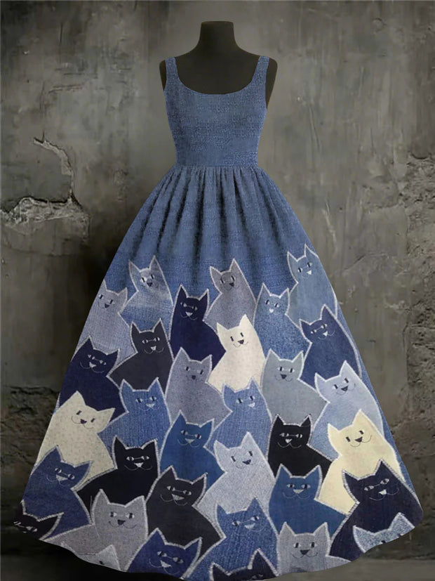 Cute Cats Art Print Round Neck Vintage Sleeveless Maxi Dress