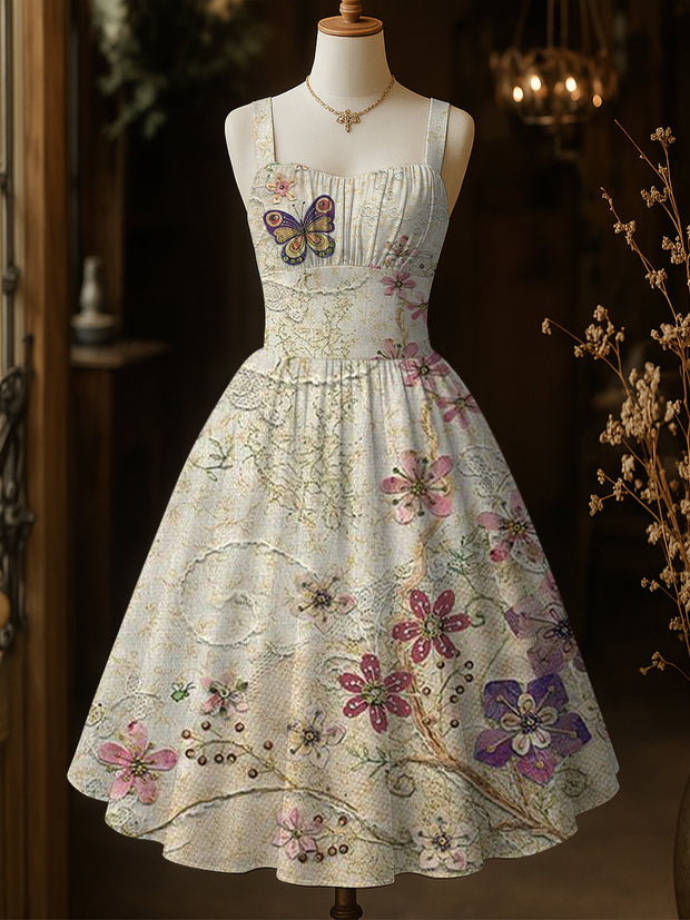Retro Floral Art Printed Vintage Chic Pleated Waist Slip Midi Dress