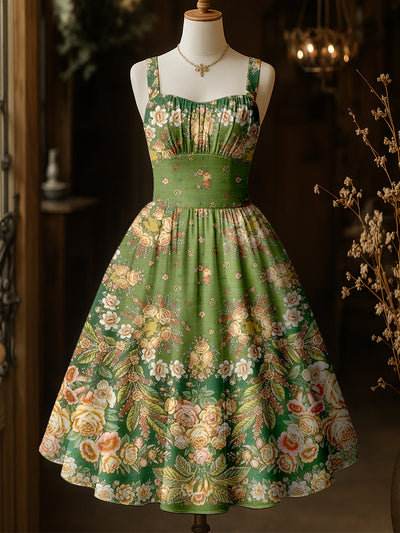 Retro Floral Art Printed Vintage Chic Pleated Waist Slip Midi Dress