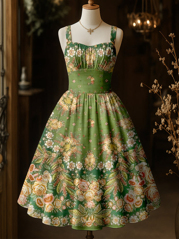 Retro Floral Art Printed Vintage Chic Pleated Waist Slip Midi Dress