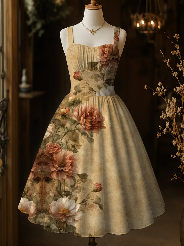 Retro Floral Art Printed Vintage Chic Pleated Waist Slip Midi Dress