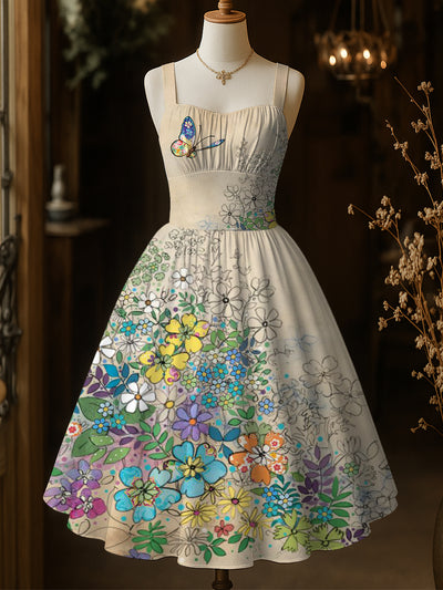 Retro Floral Art Printed Vintage Chic Pleated Waist Slip Midi Dress