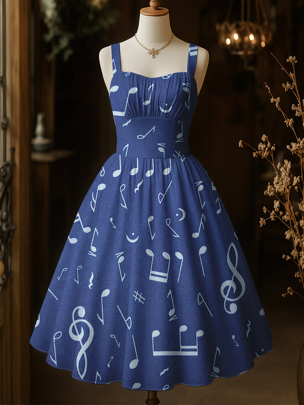 Retro Floral Art Printed Vintage Chic Pleated Waist Slip Midi Dress