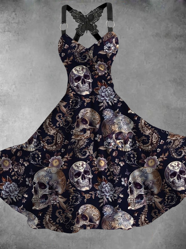 Halloween Gothic Skull Floral Art Print Vintage V-Neck Midi Dress
