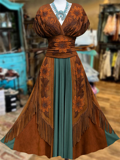 Retro Suede Fringes Floral Carved Art Printed Elegant V-Neck Vintage Batwing Short Sleeve Maxi Dress