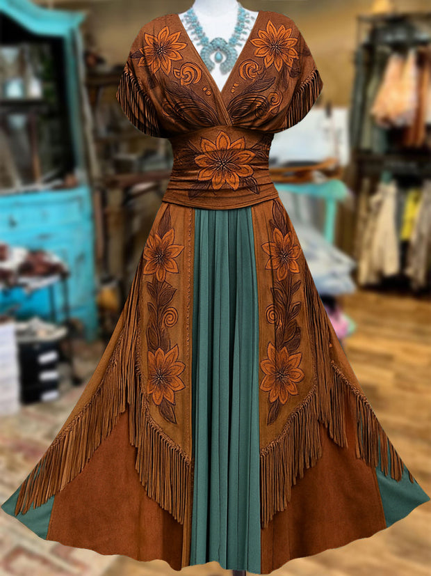 Retro Suede Fringes Floral Carved Art Printed Elegant V-Neck Vintage Batwing Short Sleeve Maxi Dress