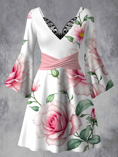 Retro Floral Art Printed Vintage Lace Butterfly Pleated Waist Long Sleeves Midi Dress