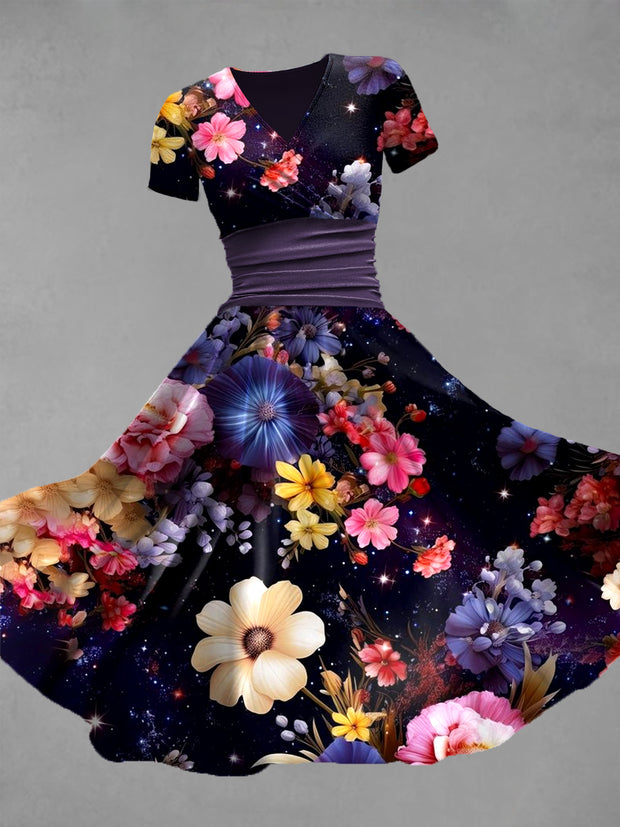 Retro Floral Art Printed Vintage V-Neck Pleated Waist Short Sleeve Midi Dress