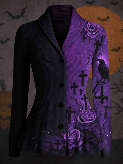 Gothic Crow Art Print Vintage Lapel V-Neck Long Sleeve Button-up Cardigan Top
