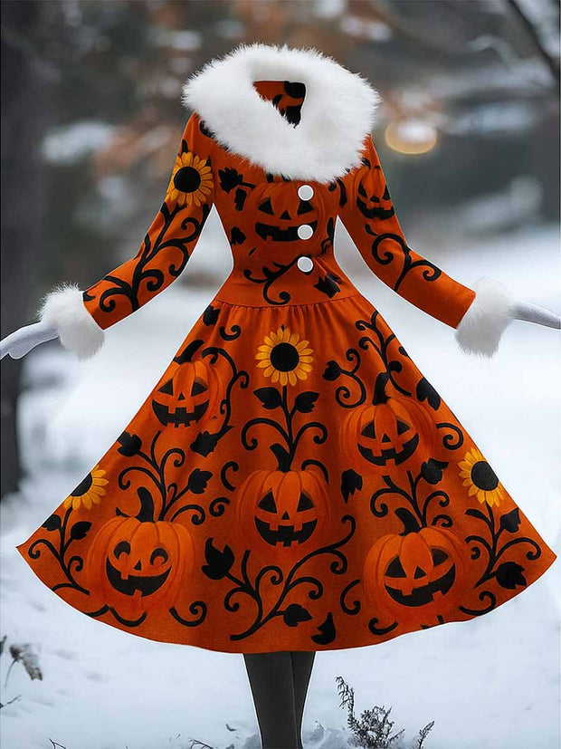 Halloween Gothic Art Printed Vintage Elegant Furry Fur Collar Long Sleeve Midi Dress