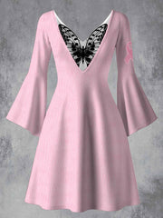 Hummingbird Art Printed Vintage Lace Butterfly Pleated Waist Long Sleeves Midi Dress