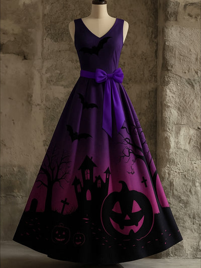 Retro Gothic Floral Art Print V-Neck Sleeveless Cotton Maxi Dress