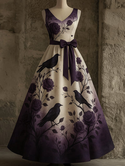 Gothic Raven Floral Art Print V-Neck Sleeveless Maxi Dress