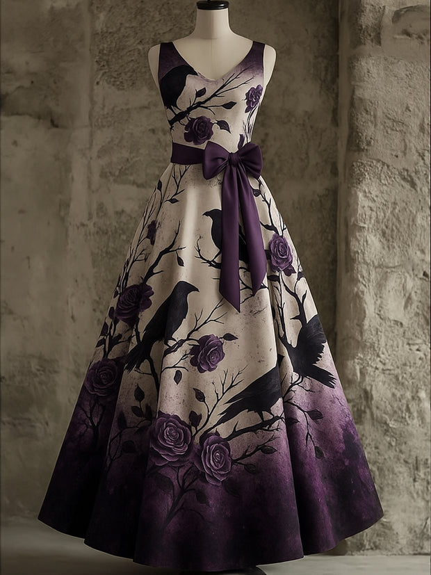 Gothic Raven Floral Art Print V-Neck Sleeveless Maxi Dress