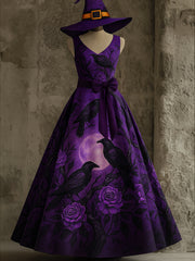 Retro Gothic Floral Art Print V-Neck Sleeveless Cotton Maxi Dress