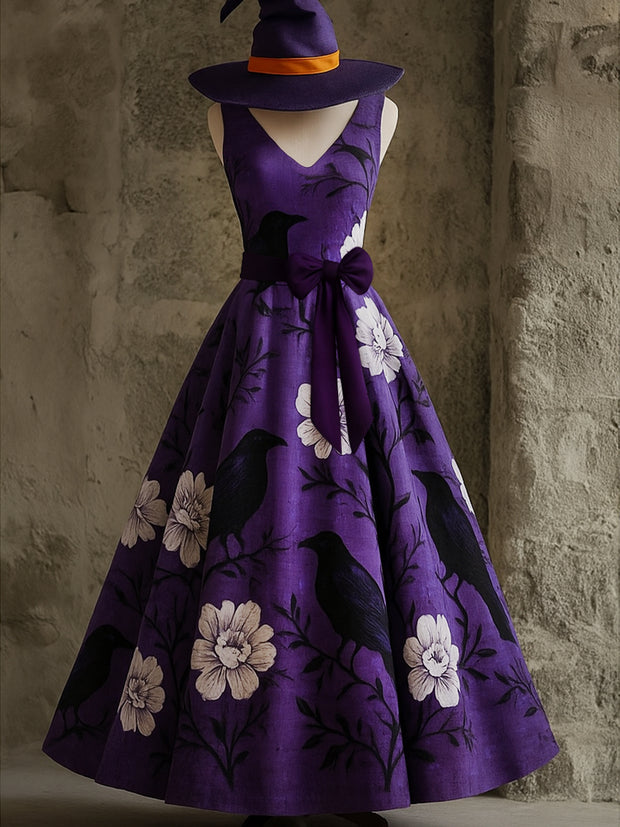 Gothic Raven Floral Art Print V-Neck Sleeveless Maxi Dress