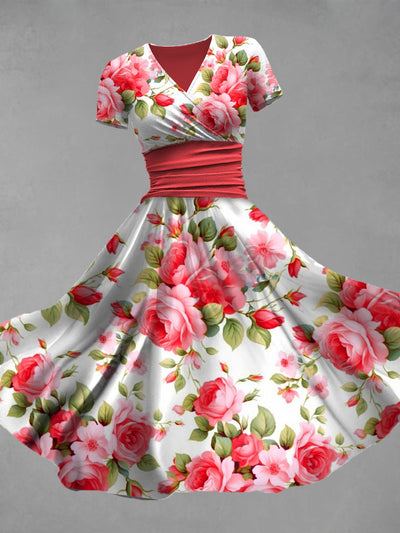 Retro Floral Art Printed Vintage V-Neck Pleated Waist Short Sleeve Midi Dress