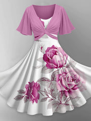 Retro Floral Art Printed Vintage Cross Fold Short Sleeve Two-Piece Midi Dress