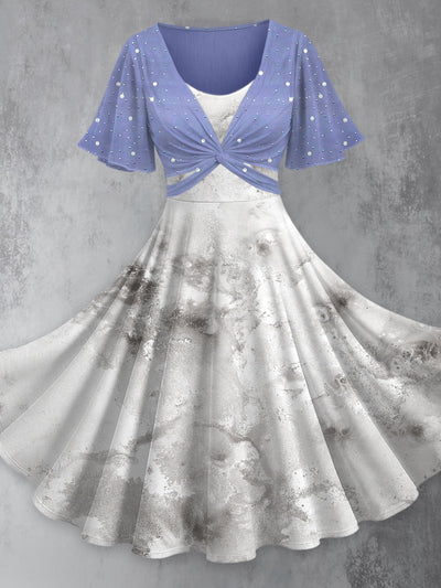 Retro Floral Art Printed Vintage Cross Fold Short Sleeve Two-Piece Midi Dress