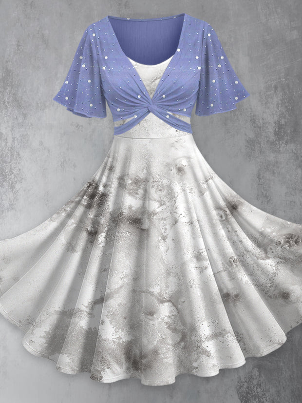 Retro Floral Art Printed Vintage Cross Fold Short Sleeve Two-Piece Midi Dress