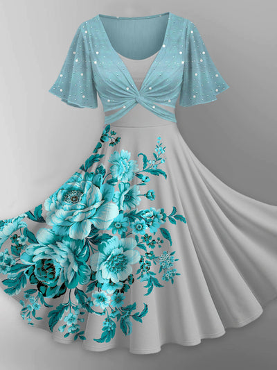 Floral Art Print Vintage Cross Fold Short Sleeve Two-Piece Midi Dress