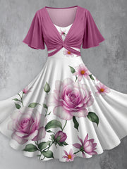 Retro Floral Art Printed Vintage Cross Fold Short Sleeve Two-Piece Midi Dress