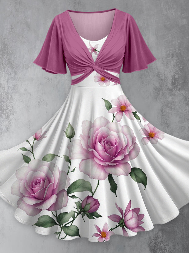Retro Floral Art Printed Vintage Cross Fold Short Sleeve Two-Piece Midi Dress