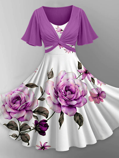 Retro Floral Art Printed Vintage Cross Fold Short Sleeve Two-Piece Midi Dress