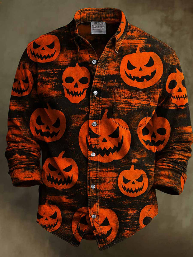 Retro Halloween Gothic Art Abstract Printed Cotton Vintage Casual Cotton Long Sleeve Shirt