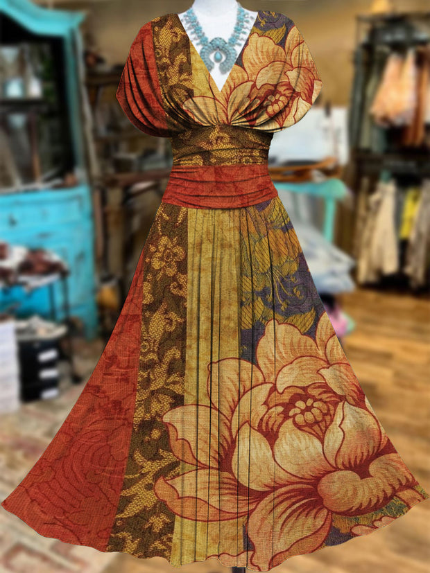 Retro Floral Art Printed Elegant V-Neck Vintage Batwing Short Sleeve Maxi Dress