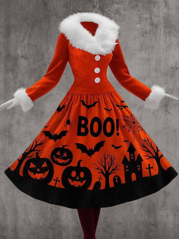 Halloween Gothic Art Printed Vintage Elegant Furry Fur Collar Long Sleeve Midi Dress
