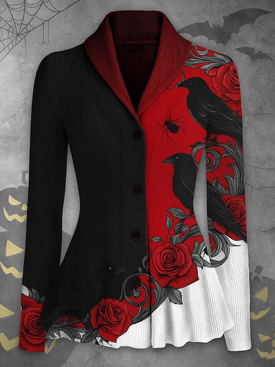 Gothic Crow Art Print Vintage Lapel V-Neck Long Sleeve Button up Cardigan Top