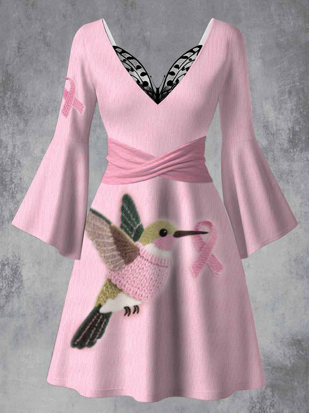 Hummingbird Art Printed Vintage Lace Butterfly Pleated Waist Long Sleeves Midi Dress