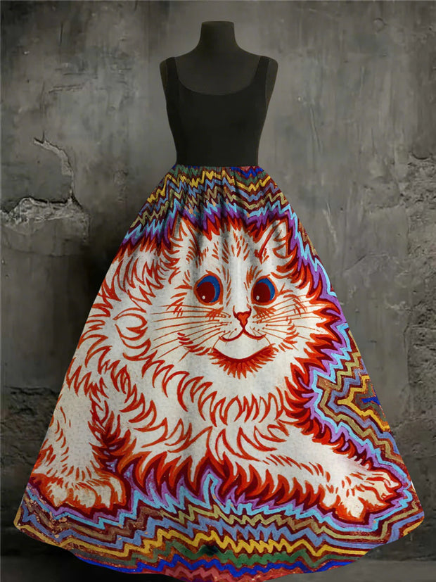 Cute Cats Art Print Round Neck Vintage Sleeveless Maxi Dress
