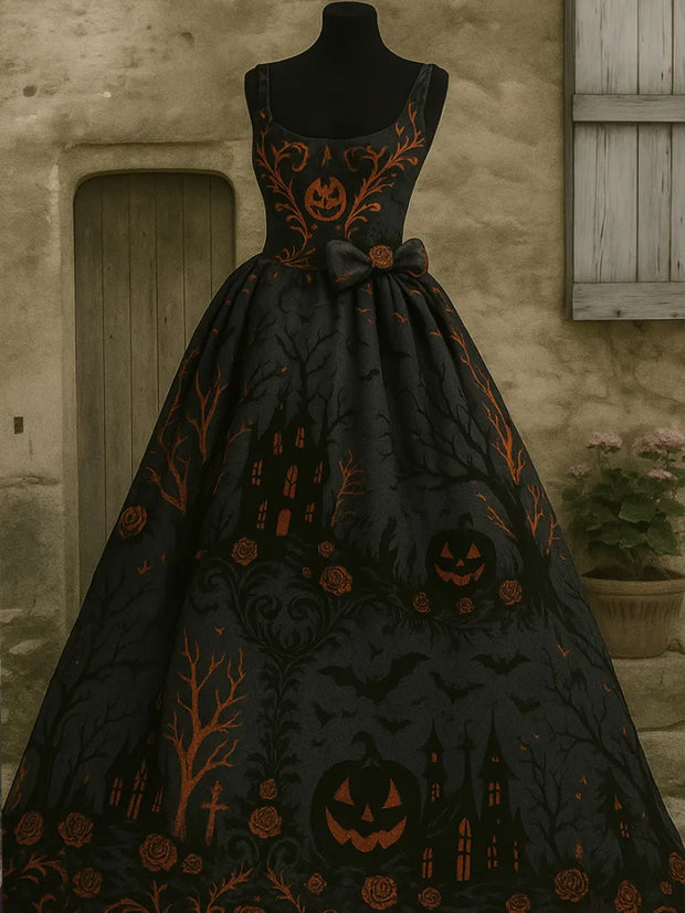 Retro Gothic Floral Art Print V-Neck Sleeveless Cotton Maxi Dress