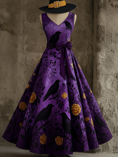 Retro Gothic Floral Art Print V-Neck Sleeveless Cotton Maxi Dress
