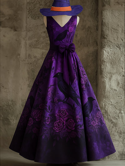 Retro Gothic Floral Art Print V-Neck Sleeveless Cotton Maxi Dress