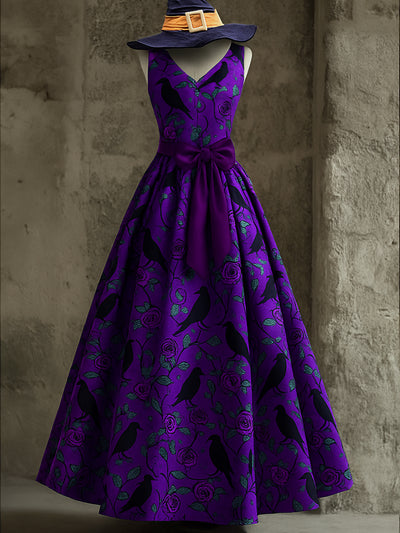 Retro Gothic Floral Art Print V-Neck Sleeveless Cotton Maxi Dress