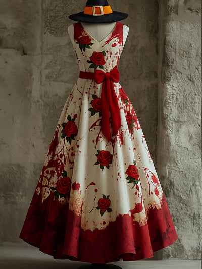 Retro Gothic Floral Art Print V-Neck Sleeveless Cotton Maxi Dress